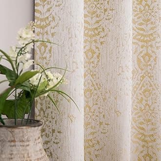 Mrs.Naturall Light Gold Curtains 63 Inch Length for Living Room 2 Panels Grommet Semi Sheer Pattern Luxurious Art Deco Lattice Curtains for Bathroom Bedroom