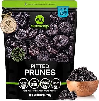 NUT CRAVINGS - Dried Prunes Pitted Unsweetened, Dry Plums No Sugar Added, Unsulphured (80oz, 5 LB) Sweet Healthy Snack, Vegan, Kosher, Resealable Bag