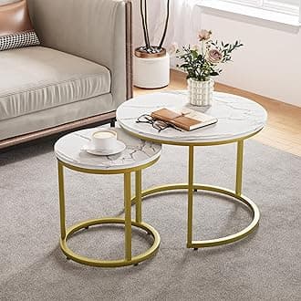 Smuxee White Nesting Coffee Table Set of 2, 23.6“ Round Coffee Table Wooden Marble Pattern with Adjustable Non-Slip Feet, Industrial End Table for Living Room Bedroom Balcony Gold
