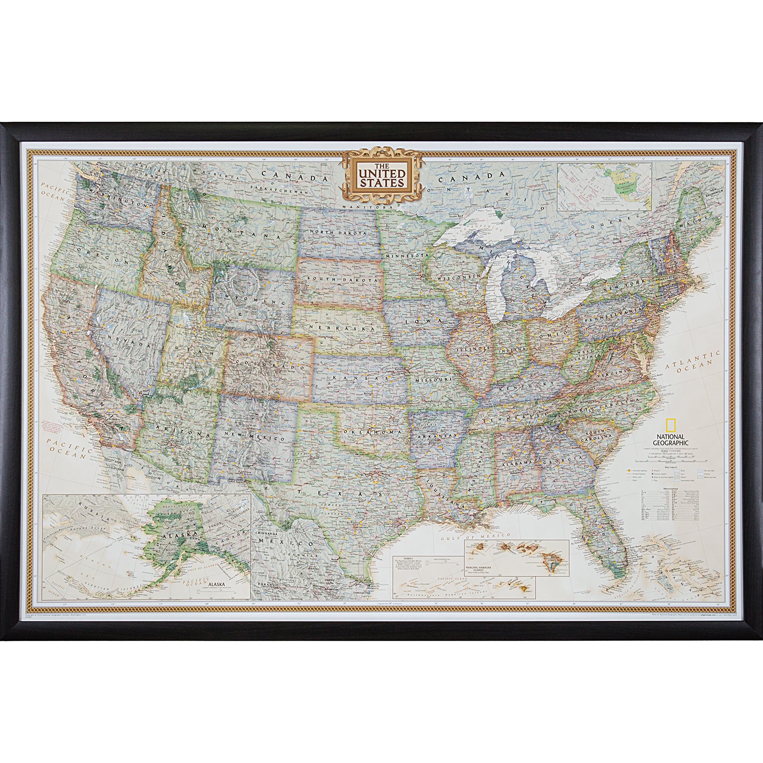 Craig Frames Travel Map with Pins, Executive US Map for Wall Art, 24x36 Frame, Black Modern Style