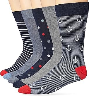 Goodthreads Men's Patterned Socks, Pack of 5, Blue/Red/Grey, One Size