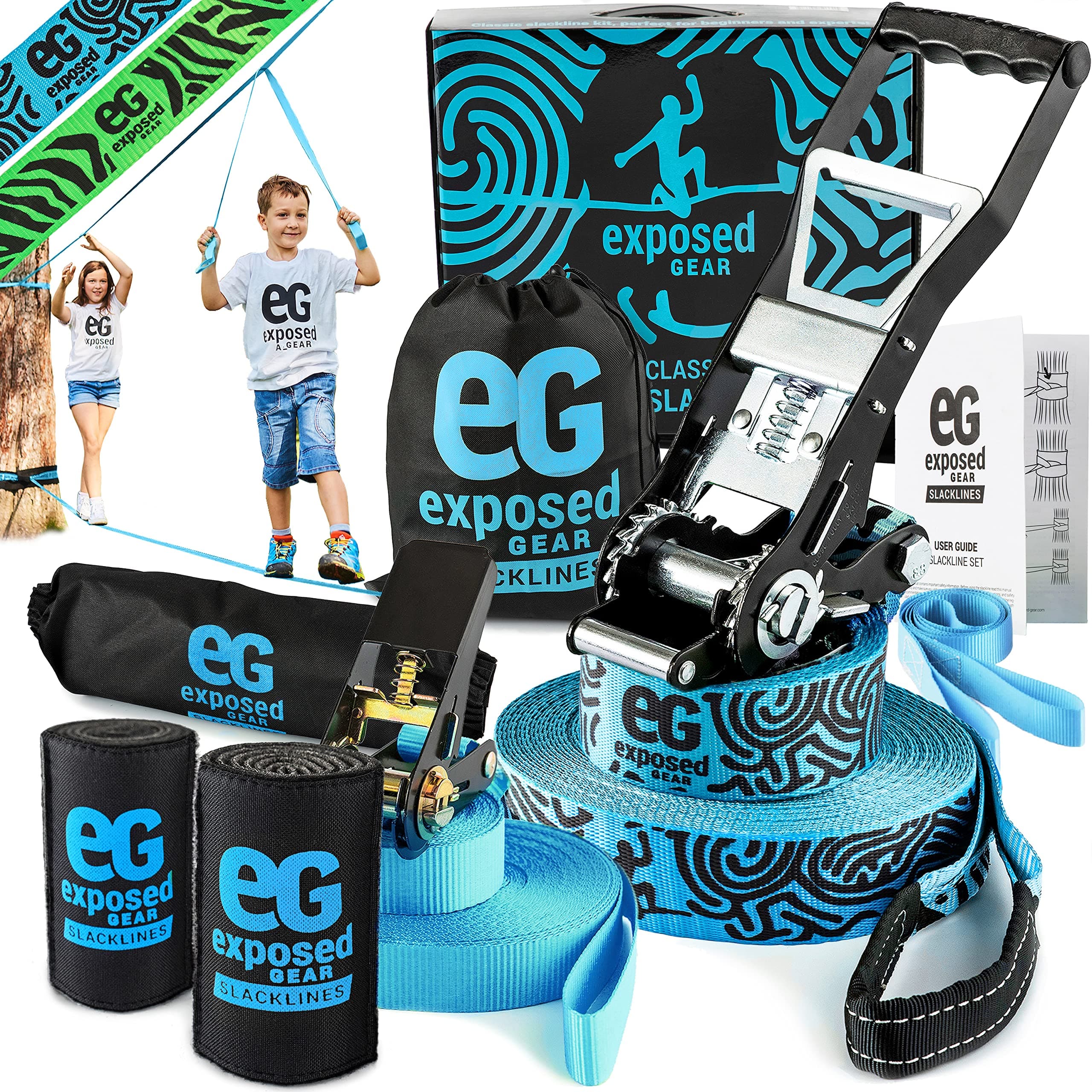 Slackline Kit 60ft with Training Line Tree Protectors High Grade Ratchet + Cover Arm Trainer Set Up Instruction Booklet and Carry Bag | Complete Slack Line Set | Perfect Slackline for Kids and Adults