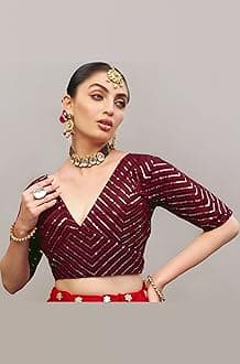 Pujia Mills Womens Fancy Readymade Ethnic wear Half Sleeve Sequins Saree Blouse sabyasachi Blouse for Women Saree and Lehenga Choli Bridal Blouse