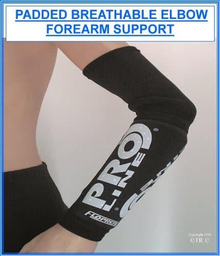 PADDED BREATHABLE FOREARM ELBOW SUPPORT, This slip on support sleeve is manufactured using high quality, double thickness breathable 2mm neoprene with additional padding provided by 6 mm foam inserts. It is further extended around the contour of the elbow and upper arm in single layer thickness. Size = MEDIUM (P&P 99p Worldwide)