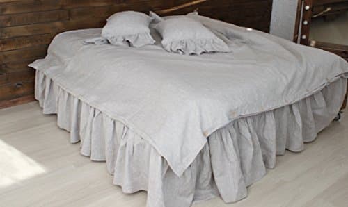 100% linen duvet cover set, King size, includes two ruffled pillow shams or classic buttoned shams, in natural linen oatmeal, white or off-white color