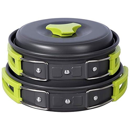 Camping Cookware Mess Kit Backpacking Gear & Hiking Outdoors Bug Out Bag Cooking Equipment 10 Piece Nonstick Cookset Lightweight, Compact,Durable Picnic Bowl Pot Pan Set - Free Folding Spork Nylon Bag