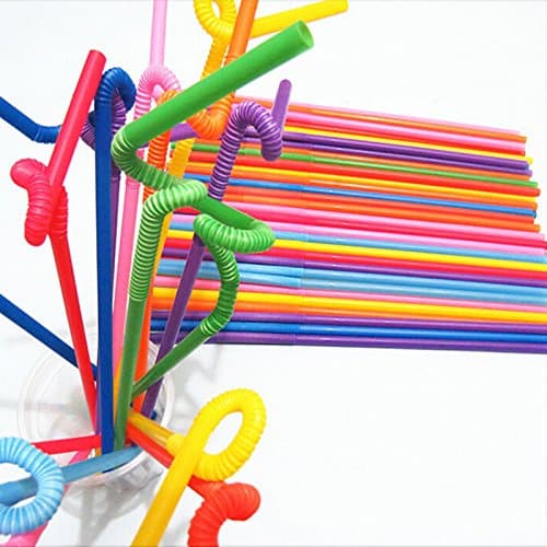 Welecom 100 Pcs Colorful Flexible Disposable Extra Long Plastic Drinking Straw