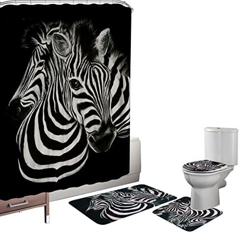 4PCS Zebra Pattern Shower Curtain Sets with Bath Mats Set, Bathroom Rubber Backing Rug Contour Mat Toilet Cover Fabric Shower Curtain with 12 Hooks