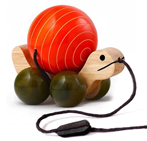 Handmade Wooden Pull Toy with Rotating Ball made using Natural Colors for Toddlers 18 months old and up, helps in early education and development | Tuttu Turtle by Maya Organic (ORANGE)