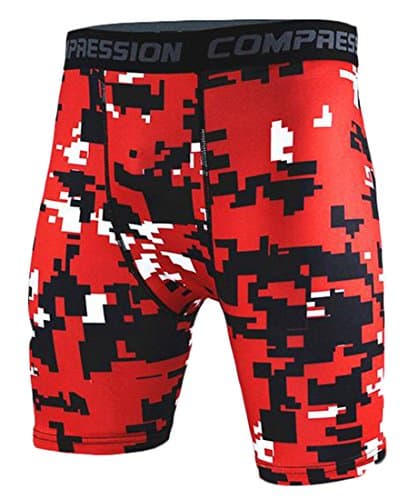 H&E Men's Compression Camo Short Leggings,Base Layer Tights for Workouts,Cycling,Running,Sports,Training,Weightlifting,All Weather Shorts Red Medium