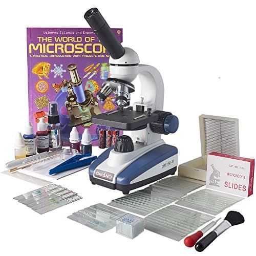Omano OM150-MK-PK2 LED 40X-400X Student Compound Microscope with Glass Optics, Fine Focus, Basic + Advanced Slide Kits & Fun Experiments Book