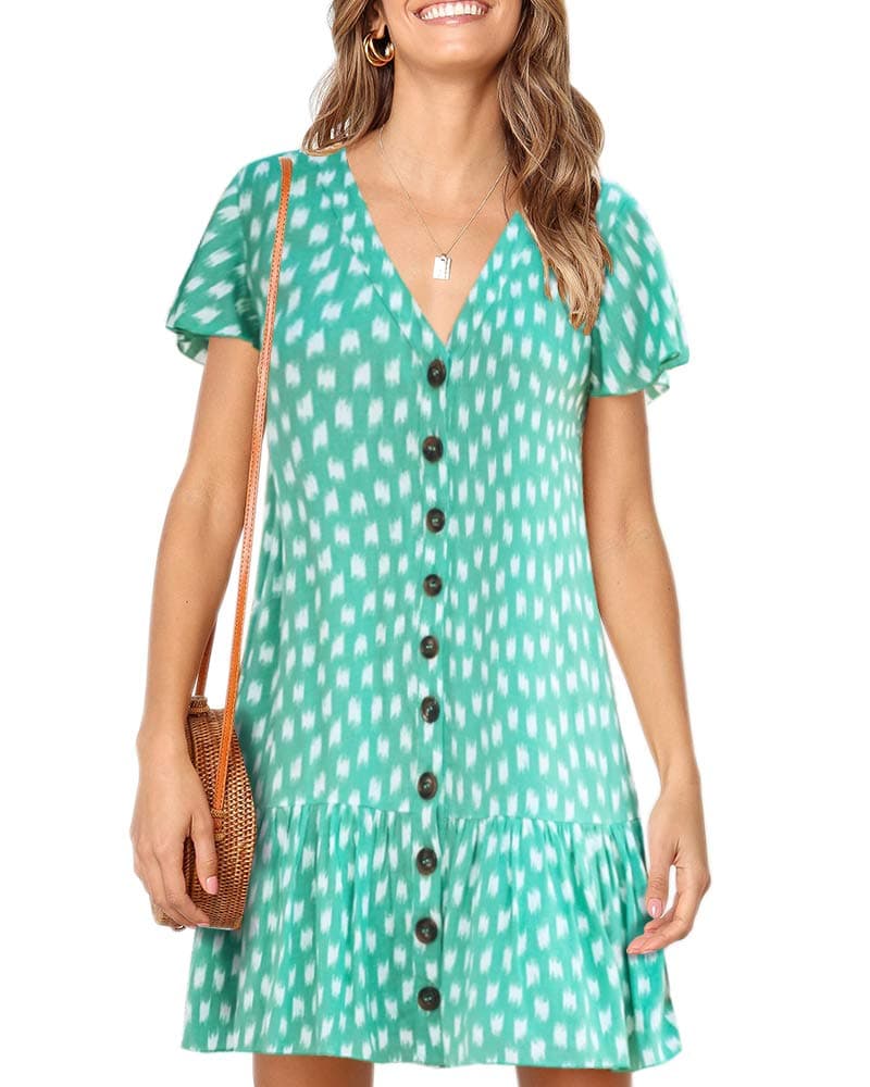 Imysty Womens Polka Dot V Neck Button Down Ruffles Loose Mini Short T-Shirt Dress