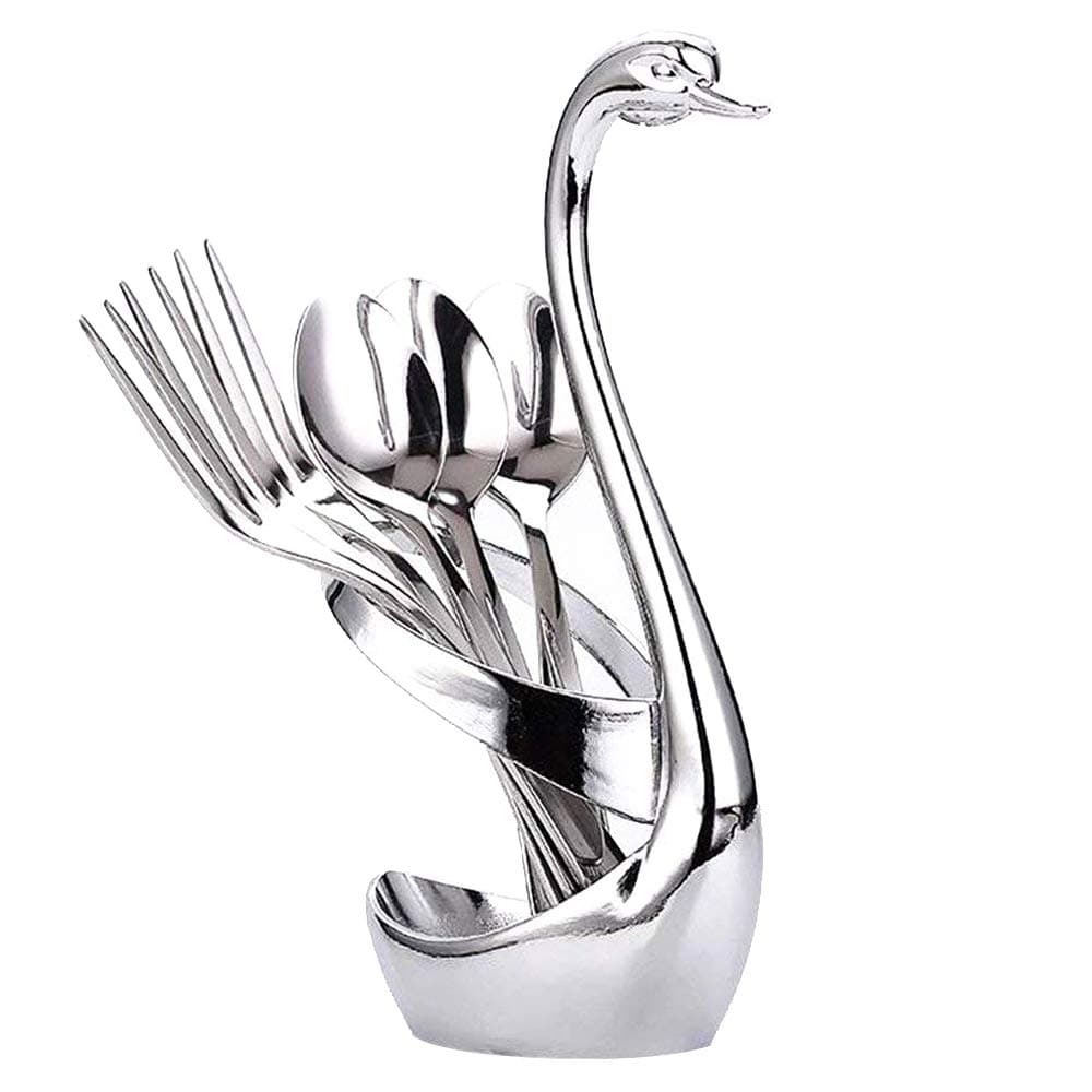Guizen Stainless Steel Tableware Set Dinnerware Set Swan Base Holder 3 Forks and 3 Spoons with 3 Forks and 3 Spoons Home Kitchen Accessories for Table Elegant Swan Cutlery Holder Racks Set