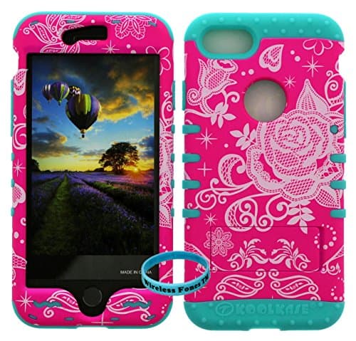 iPhone 7 Plus Case, Hybrid Tough Shockproof Slim Impact Armor Kickstand Pink Flower Cover On Over Skin for iphone 7 Plus -Wireless Fones TM Wristband Included. (iph7plus pinkflower/b.teal)