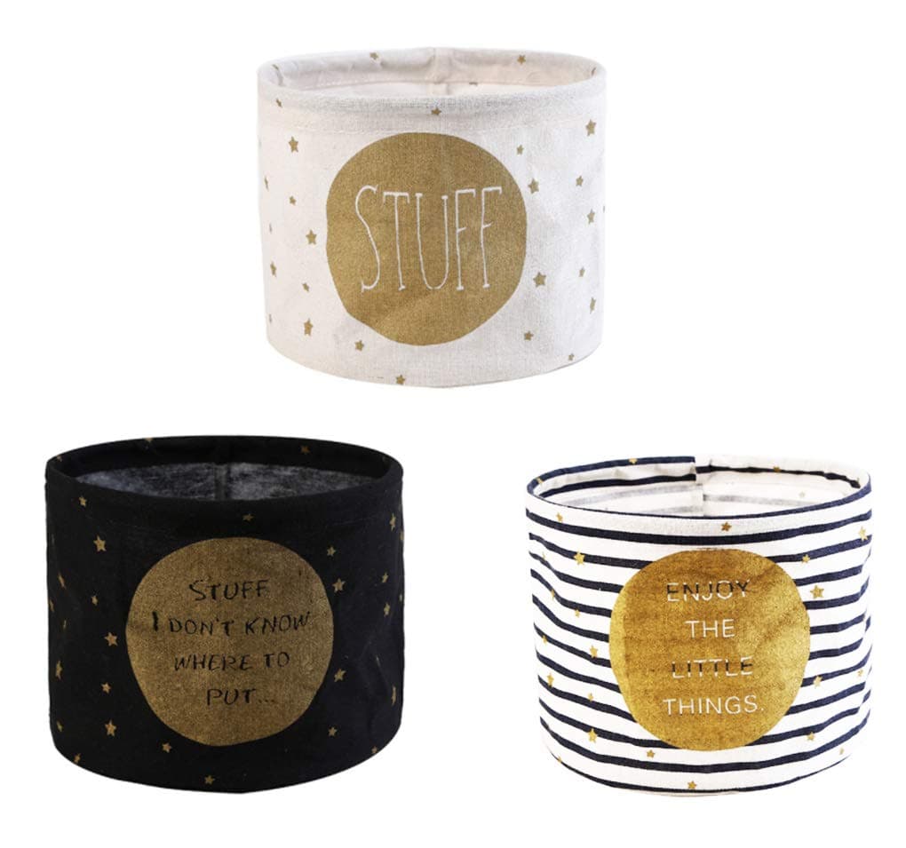 Lannu Pack 3 Fabric Storage Baskets Classical Black White Stripe Round Organizer Foldable Bin for Makeup, Book, Baby Toy