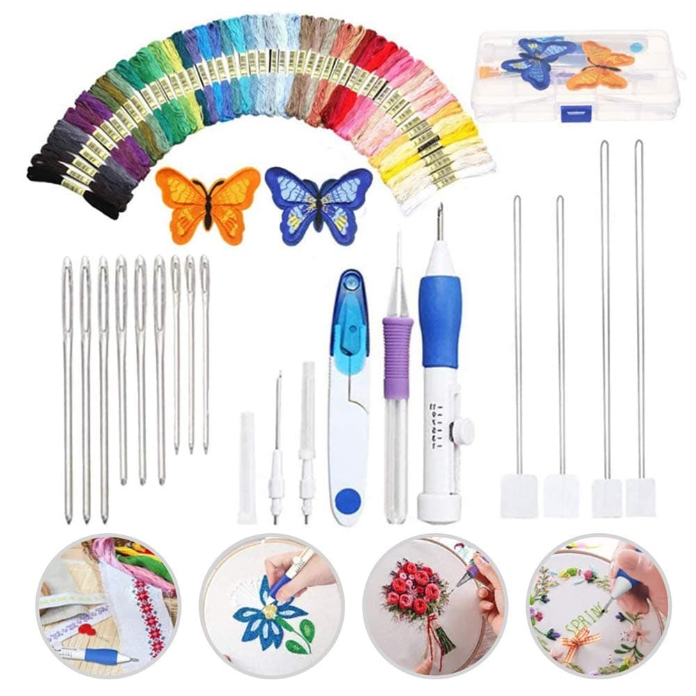 moonmoonlala Embroidery Starter Tool Kit,with 50 Colours Threads DIY sewing embroidery cross stitch kit Magic Embroidery Pen Punch Needle Set for Beginner