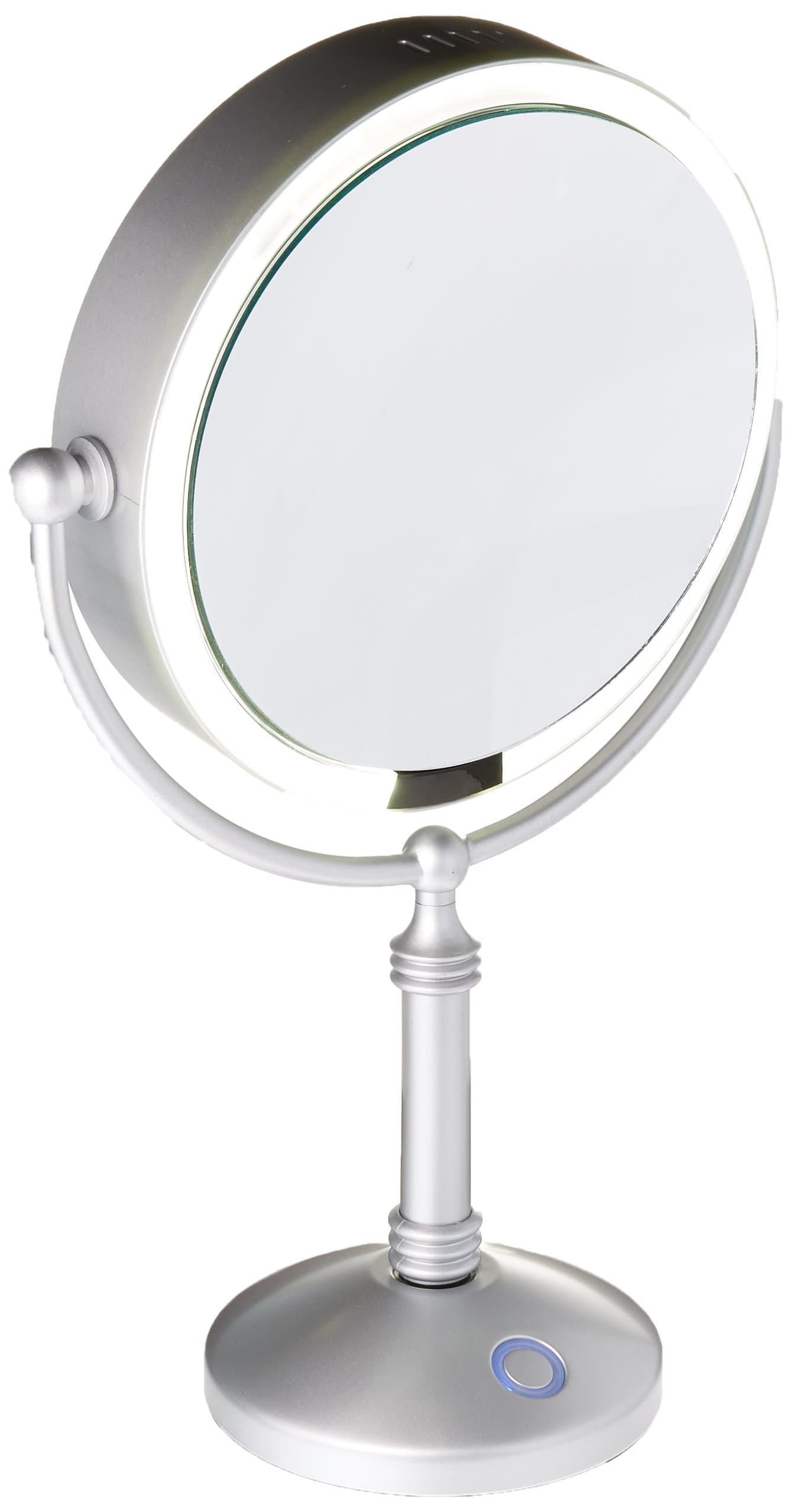 Modern Mirror LED Lighted 7.5" Modern Makeup Mirror With 10X Magnification, Built in Rechargeable Battery & AC Adapter, Silver