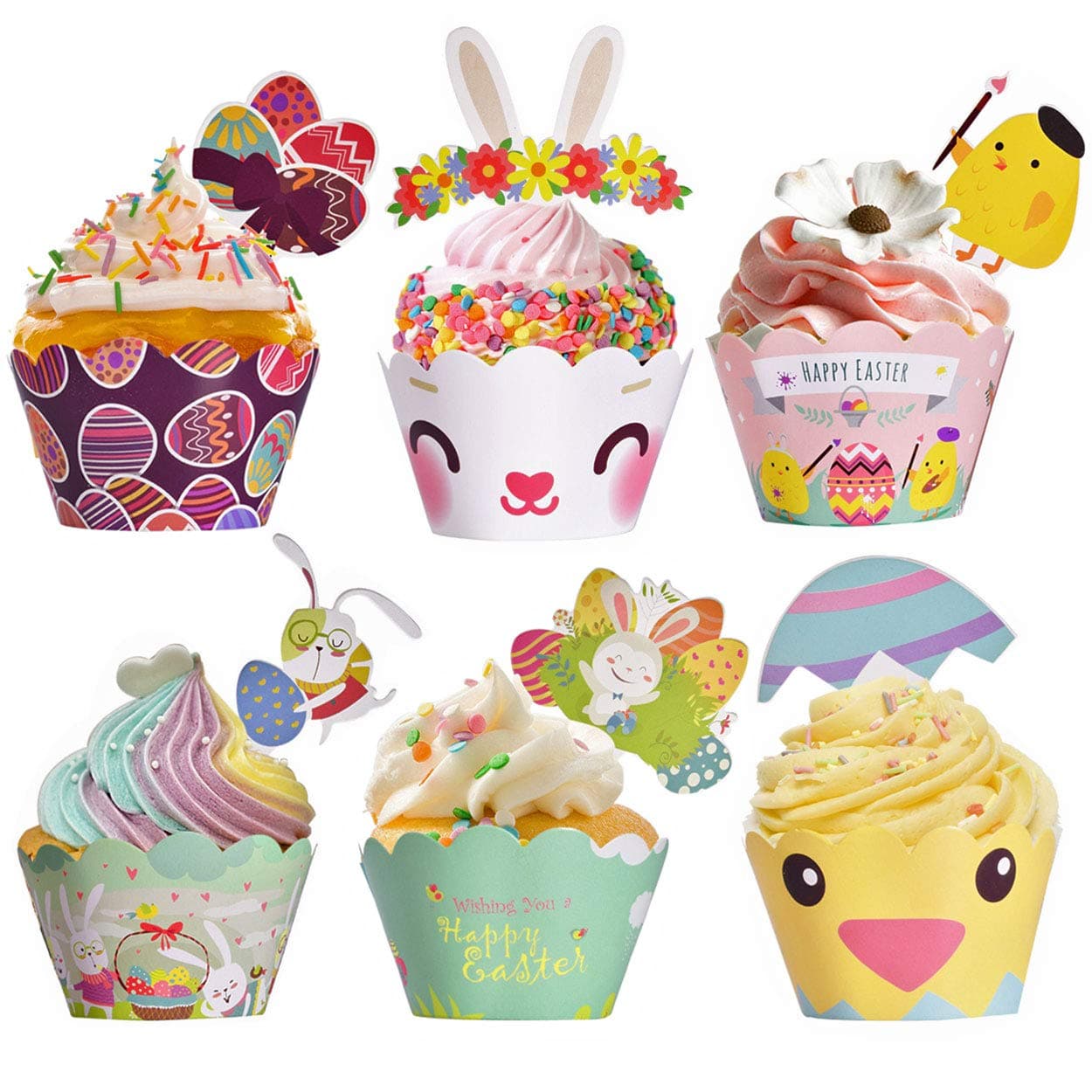 Easter Cupcake Wrappers Toppers Liners Decorations Kit Bunny Paper Baking Party Supplies 48Pcs Easter Rabbit Egg Themed