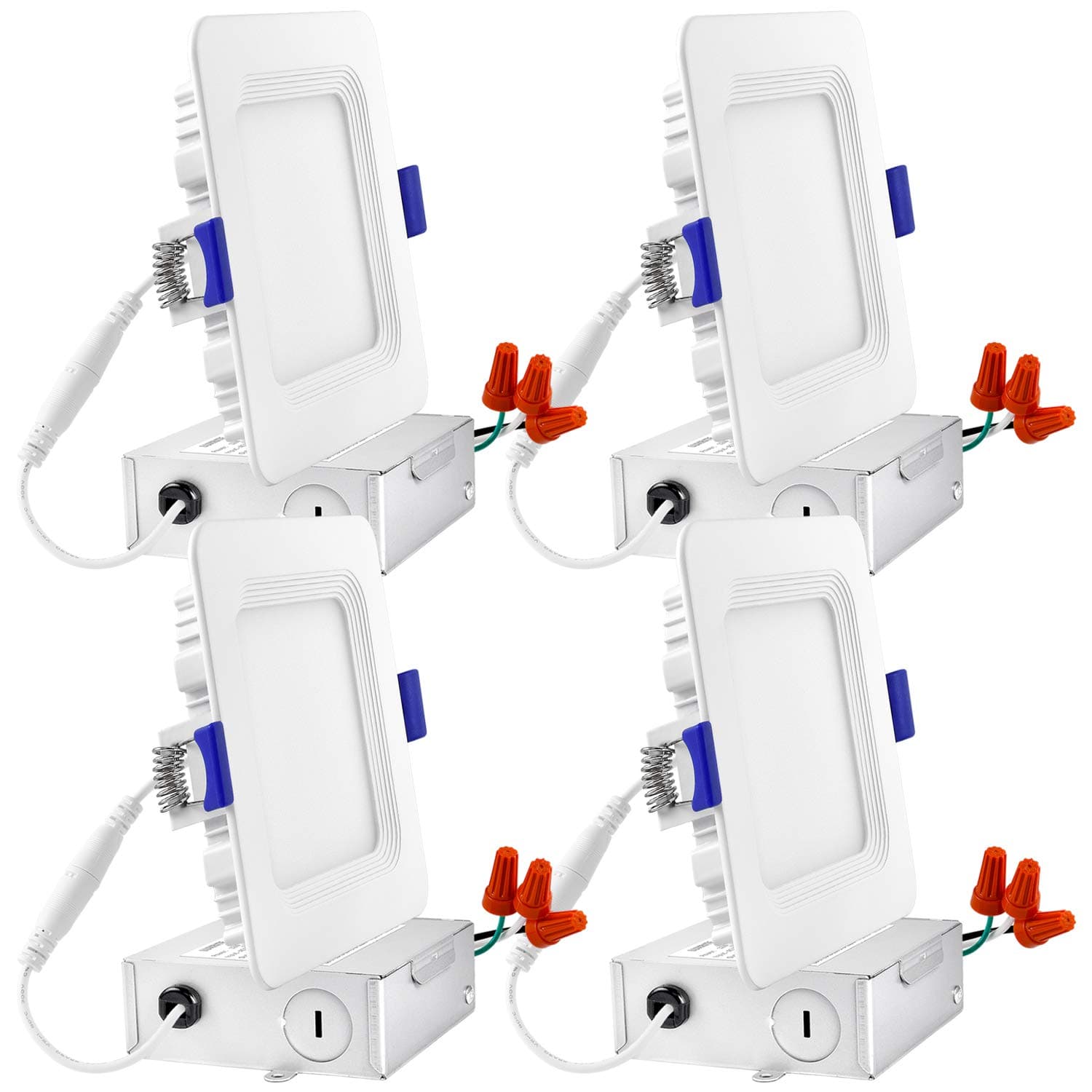 Luxrite 4 Inch Square Ultra Thin LED Recessed Light with Junction Box, 10W, 5000K Bright White Dimmable, 650 Lumens, Slim Recessed Ceiling Light, IC Rated Airtight, Energy Star & ETL Listed (4-Pack)