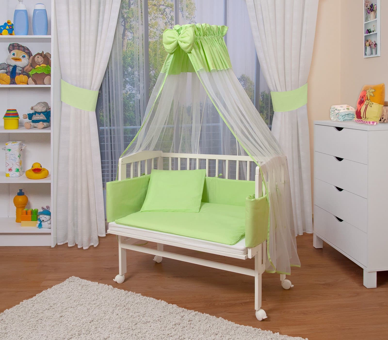 WALDIN Baby Bedside Cot Co-Sleeping Height Adjustable,White Painted, 16 Models Available,Textile Colour Green