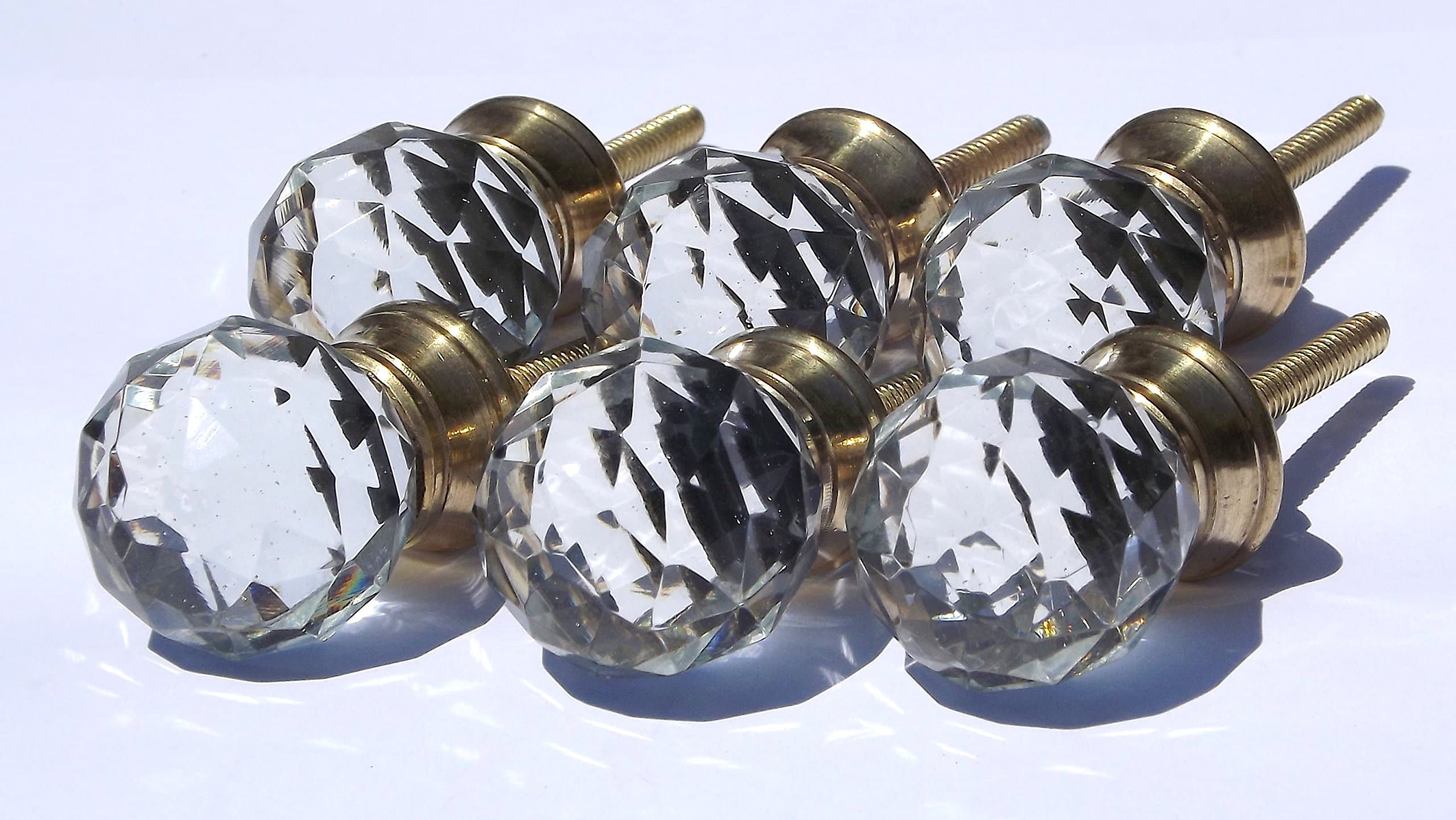 Peter Sharpe 6 small round cut glass drawer cupboard pulls knobs brass base