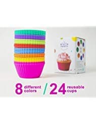 Silicone Cupcake Liners - 24 Pack Baking Cups- EIGHT colors - Reusable & Nonstick Muffin Molds - Cupcake Holders Gift set - Pink Purple Blue Red Green Fun Green Yellow Orange Muffin Cups - FREE E-BOOK WITH 70 RECIPES -Lifetime Guarantee!!!