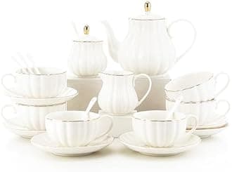 Bloosnow 22 Pieces Porcelain White Tea Sets for Adult,Gold British Tea Set for Women,European Tea Set for Party,White Coffee Cup (White), just right size, HFB0001P
