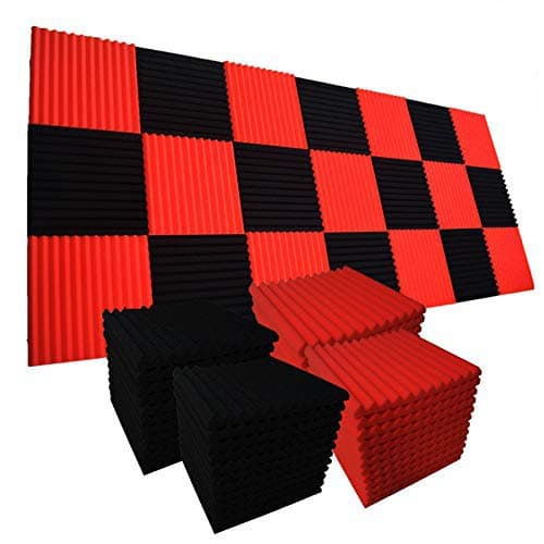 96 Pack BLACK Acoustic Foam Panel Wedge Studio Soundproofing Wall Tiles 12" X 12" X 1" (96BLACK/RED)