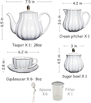 Porcelain Tea Sets British Royal Series, 8 OZ Cups& Saucer Service for 6, with Teapot Sugar Bowl Cream Pitcher Teaspoons and Tea Strainer, Suitable for High Tea, Wedding, Party (Blue Violet)