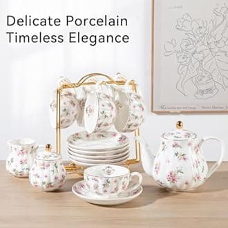 Porcelain Tea Sets British Royal Series, 8 OZ Cups & Saucer Service for 6, with Teapot Sugar Bowl Cream Pitcher Teaspoons and Tea Strainer, Suitable for High Tea, Wedding, Party(Spring Flowers)