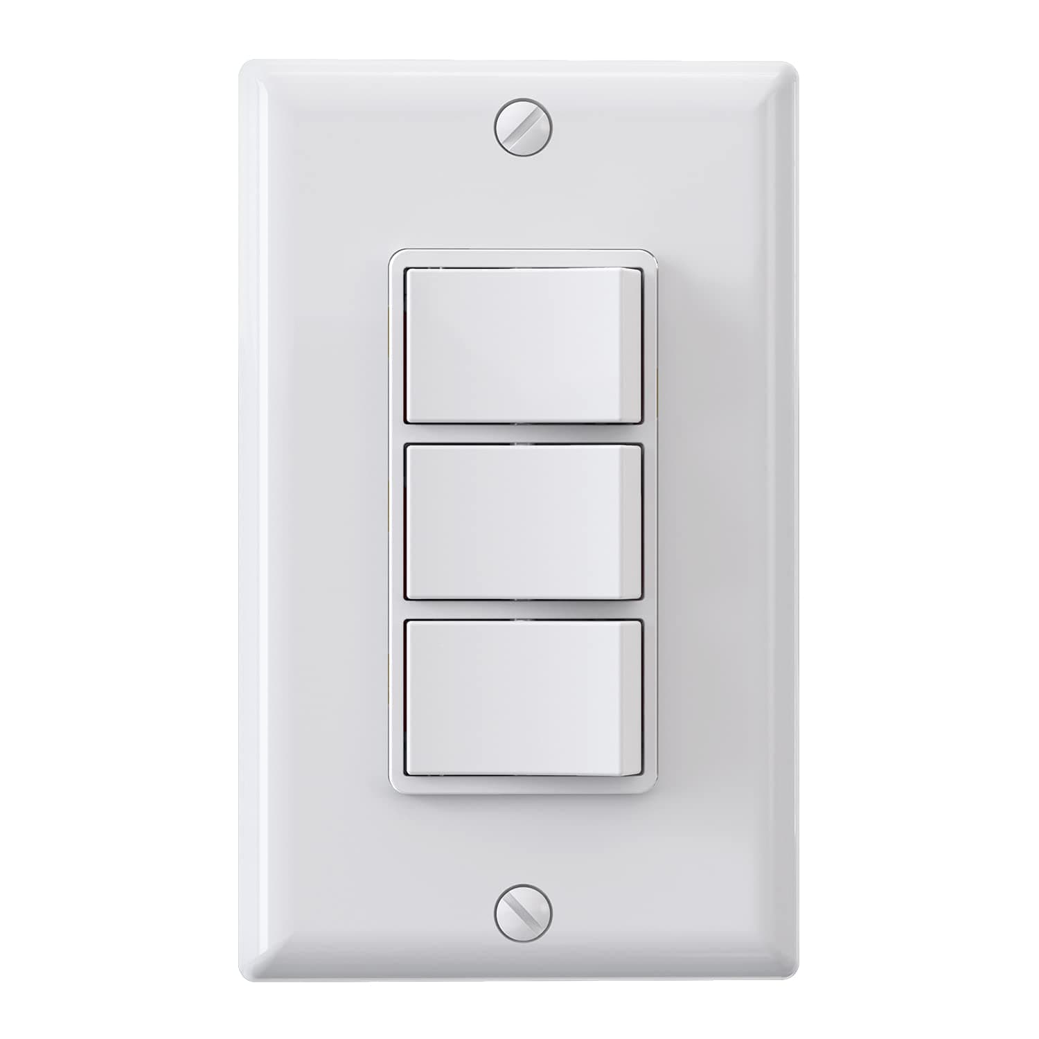ELEGRP Decorator Triple Rocker Light Switch, Three Single Pole Electrical Paddle Switch, 15A 120V, in-Wall On/Off Switch, Self-grounding, Wall Plate is Included, UL Listed (1 Pack, Glossy White)