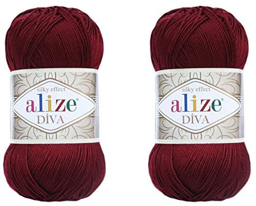 Alize Diva Yarn 100% Microfiber Acrylic Yarn, Silk Effect, 2 Skeins, 200gr, 767yds, Fingering Weight, Red (Bordeaux)