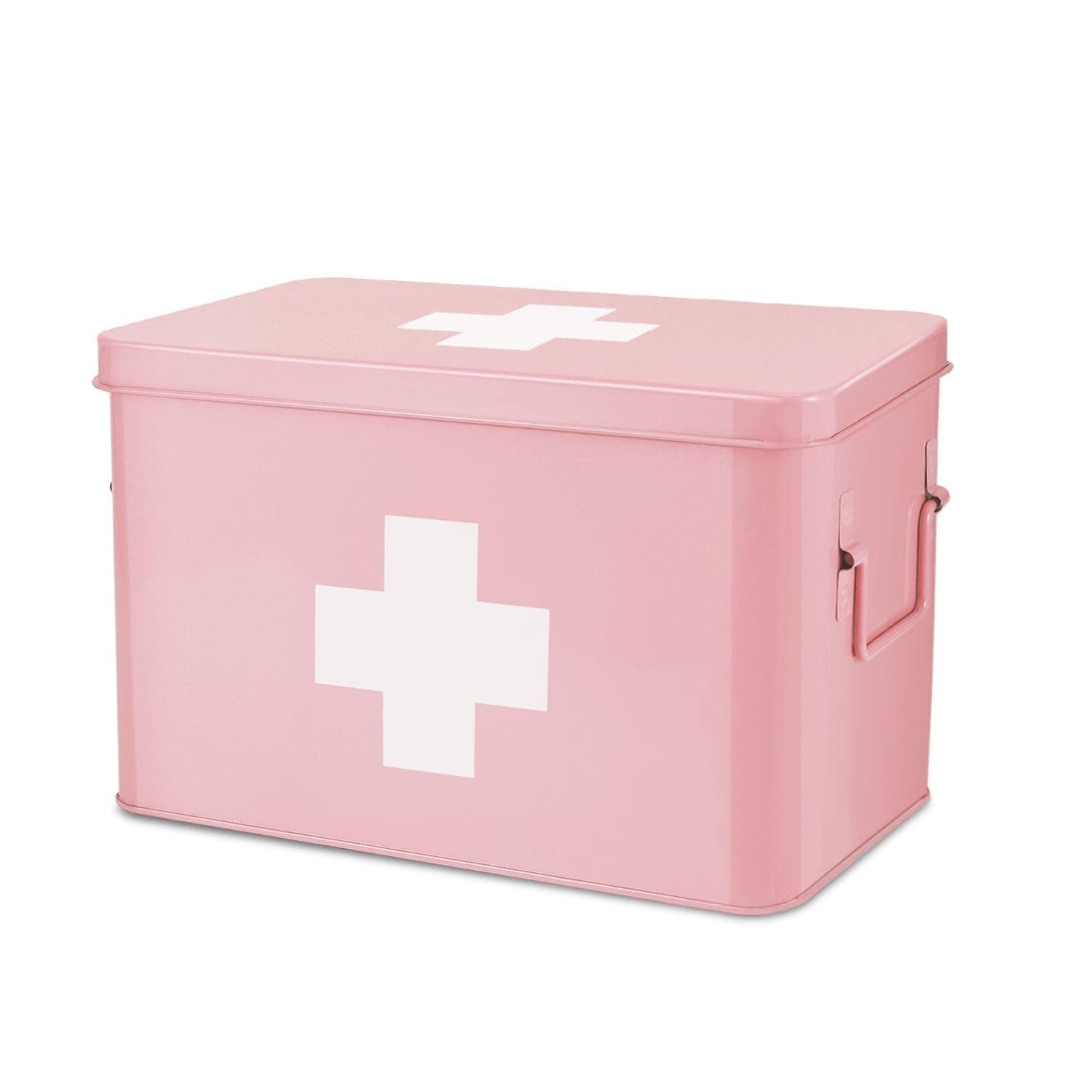 First Aid Box Organizer Empty 13" Pink Vintage First Aid Kit Tin Metal Medical Box - First Aid Storage Box Container Bins with Dividers, Removable Tray and White Cross Logo