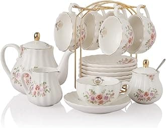 Porcelain Tea Sets British Royal Series, 8 OZ Cups & Saucer Service for 6, with Teapot Sugar Bowl Cream Pitcher Teaspoons and Tea Strainer, Suitable for High Tea, Wedding, Party(Rose Flower)