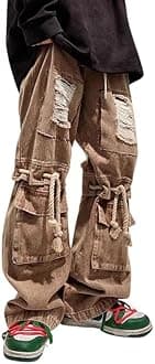 LafaguwMens Cargo Pants Ripped Baggy Jeans Y2K Elastic Waist Straight Leg Pants 90S Vintage Streetwear Grunge Clothes.