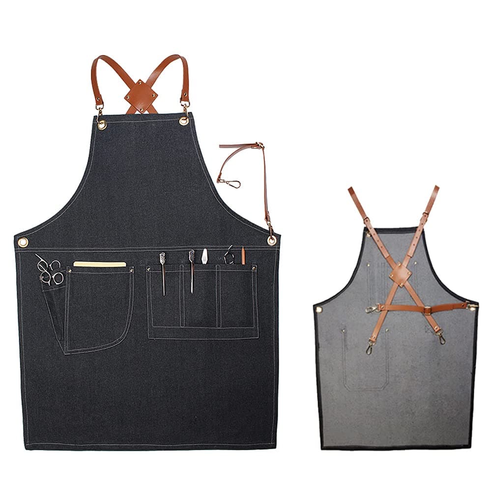 Denim Bib Apron, Adjustable Work Apron with Tool Pockets & Cross-Back Straps, Durable Tool Apron for Salon Barber, Woodworkers, Blacksmiths, Gardeners, Mechanics, BBQ, Hairdressers, Arts (Black)