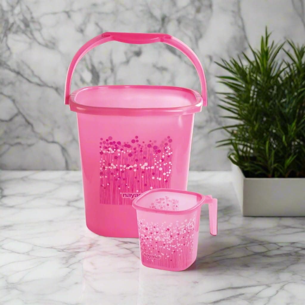 Nayasa Square Ring Funk Plastic 2 Pc Set for Bathroom | Bucket and Mug (25 Liters & 1.5 Liters)| Bathroom Accessories Set | Pink