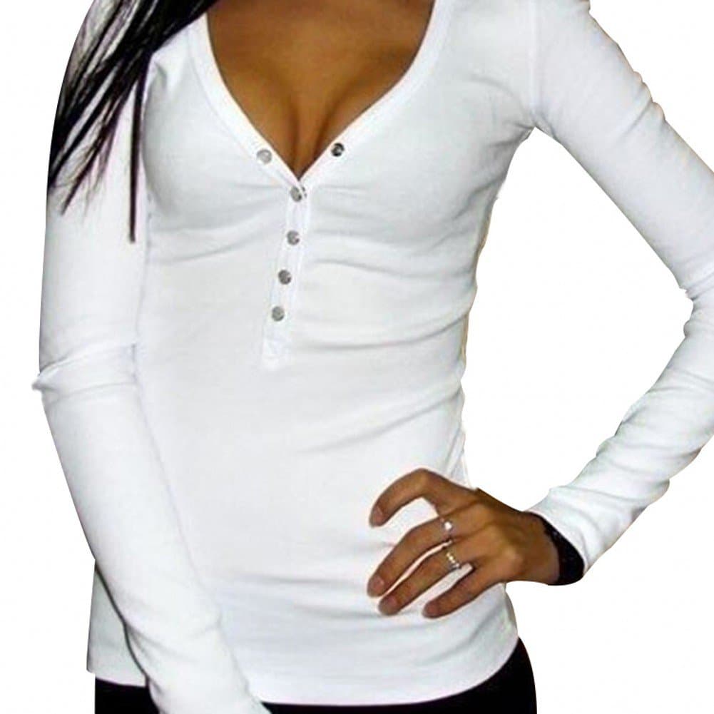 Doreen Sexy Womens Long Sleeve Bandage Button V Neck Loose Tee Shirt Ladies Top Blouse Size 12 US White.