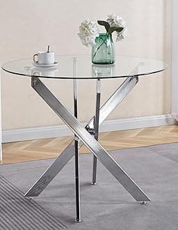 Kitchen Dinner Table Glass Small Round Dining Table, 35.43" Circle Dining Table Dining Room Table with Tempered Glass Top Metal Legs for Small Spaces (Silver-Round 35.43"x29.6")