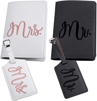 Mr and mrs passport covers and luggage tags gift set,Honeymoon embroidery Travel Luggage Tags Passport Cover for Wedding Bridal Shower Gift