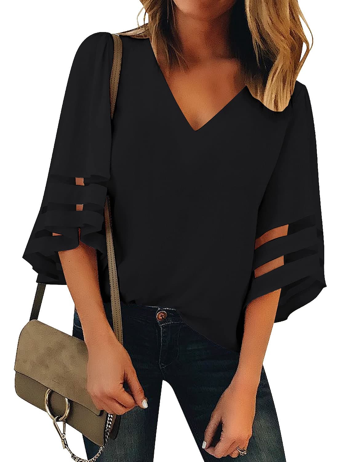 LookbookStoreWomen's V Neck Mesh Panel Blouse 3/4 Bell Sleeve Loose Top Shirt
