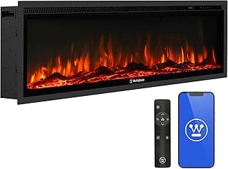 Westinghouse 50 Inch Electric Fireplace Heater, Compatible with Alexa & Google Home, Wall Mount or in-Wall Recessed Fireplace Insert, 24 Hour Timer, Color Changing Flames, 750W/1500W Indoor Heater