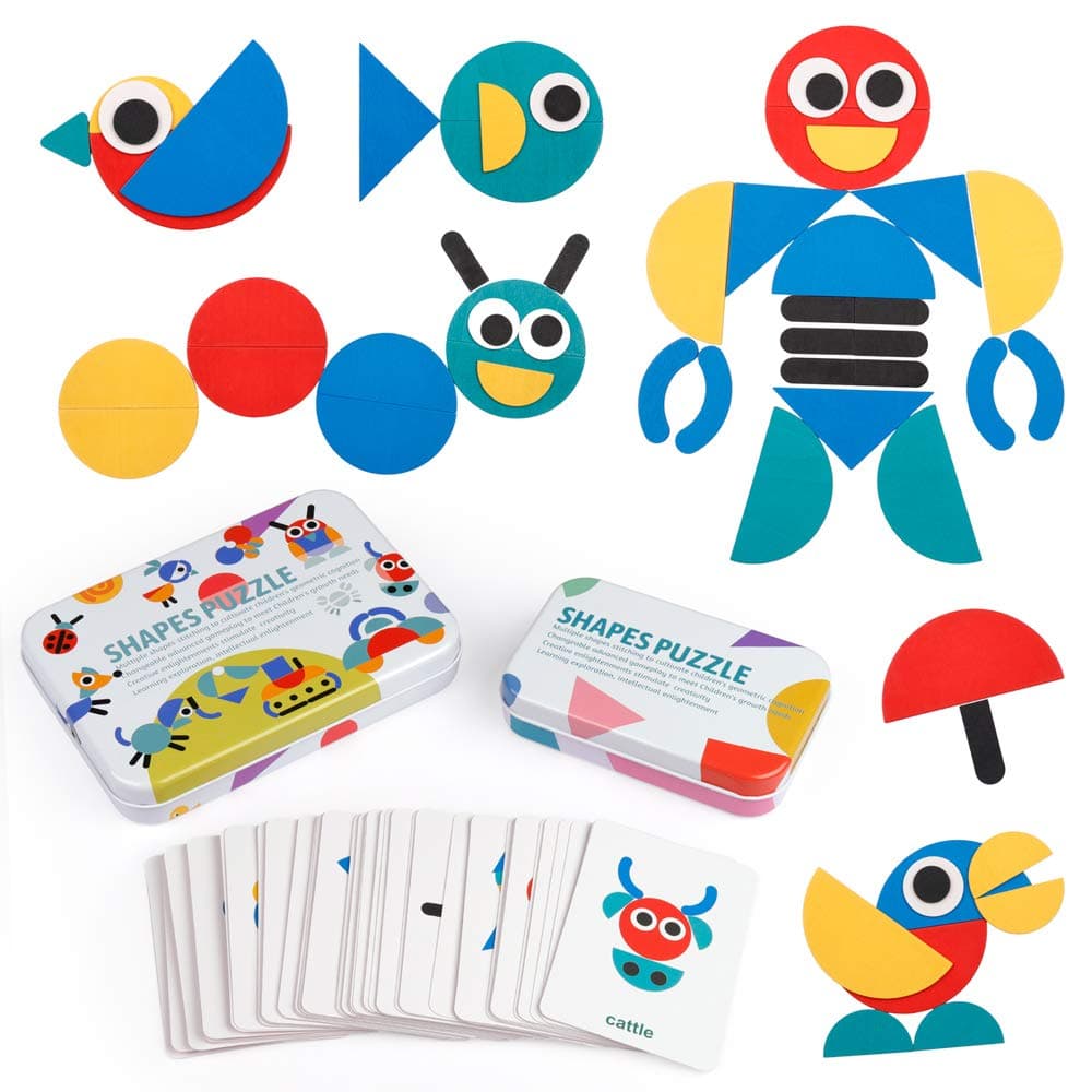 Coogam Wooden Pattern Blocks - Tangram Shape Puzzle Set Color Sorting Stacking Game Wood Animal Jigsaw Preschool Brain Teaser STEM Gift for 3 4 5 Years Old Toddler Kid (60 Pattern Cards)