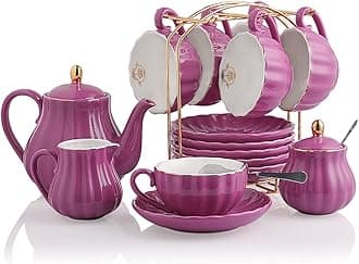 Sweejar Porcelain Tea Sets British Royal Series, 8 OZ Cups& Saucer Service for 6, with Teapot Sugar Bowl Cream Pitcher Teaspoons and Tea Strainer, Suitable for High Tea, Wedding, Party (Violet)