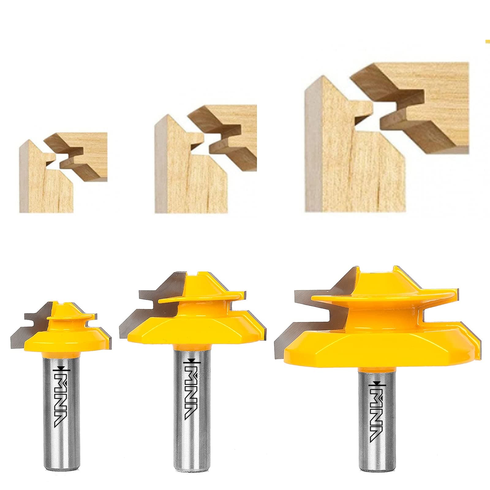 MNA 45 Degree Lock Miter Router Bit 3-Piece Set, for 1/2”, 3/4”, 1” Cutting Height, 1/2 Inch Shank. Easy to Create Lock Miter Joint
