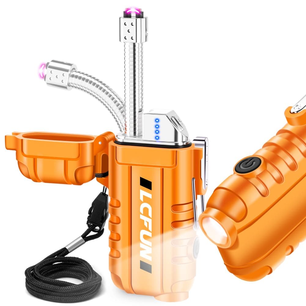 LcFun USB Rechargeable Electric Arc Lighter Windproof Plasma Lighters with LED Battery Display, Waterproof Matches with Flashlight for Camping, Survival Tactical Gear