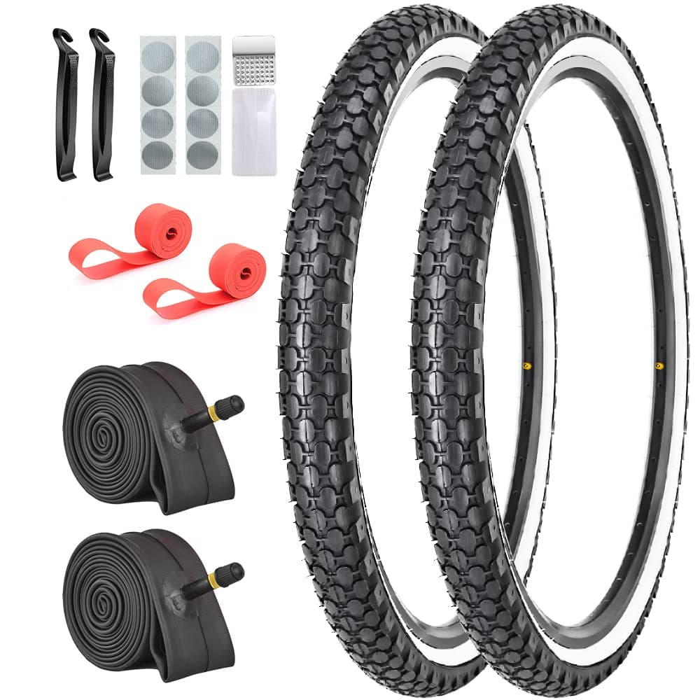 SIMEIQI 2 Pack 26"x2.125" Inch Cruiser Bike Tires and Tubes White Wall Beach Bicycle Tires with 2 Levers AV Valves,2 Rim Strips,Glueless Self-Adhesive Patches Repair Kit