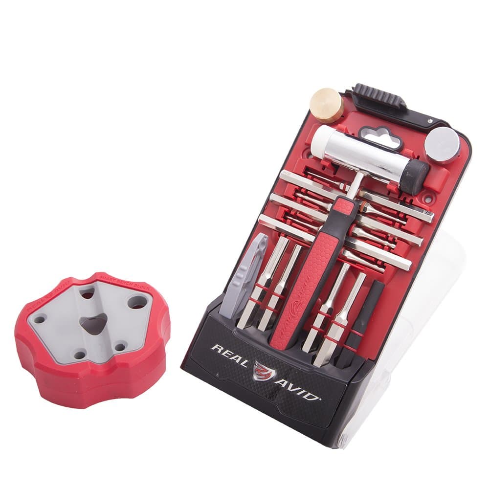 Pin Punch Set & Hammer + Non-Slip Magnetic Bench Block | 10 Standard Nickel-Plated Steel Pin Punches, 4 Interchangeable Hammer Heads - Brass, Steel, Rubber, Nylon & Non-Marring Bench Block