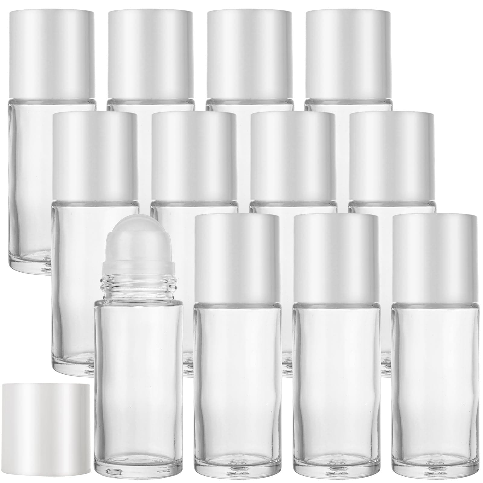12 PCS 50ML Refillable Roller Ball Applicator - Glass Empty Deodorant Roller Bottle with Lid - Roll On Bottles Containers for Perfume, Essential Oils, Cosmetic