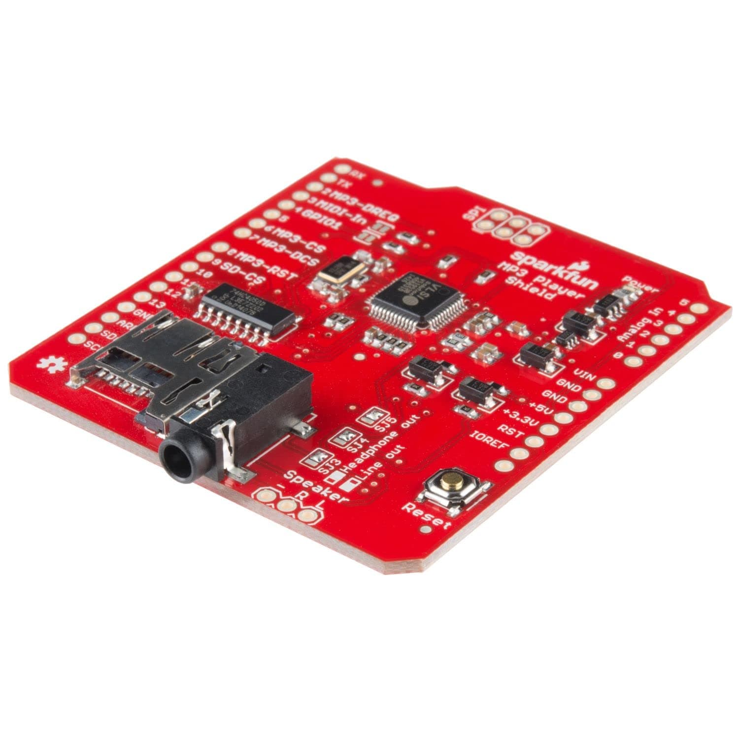 MP3 Player Shield- MP3 decoder- Turn Any Compatible with Arduino Board into a Fully Functional MP3 Player- 3.5mm Audio Out Jack- 0.1" Spaced Header for Speaker Out- microSD Card Slot